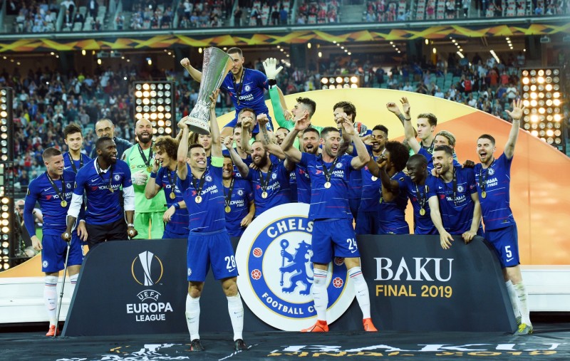 Chelsea celebrating 2019 Europa League Final win