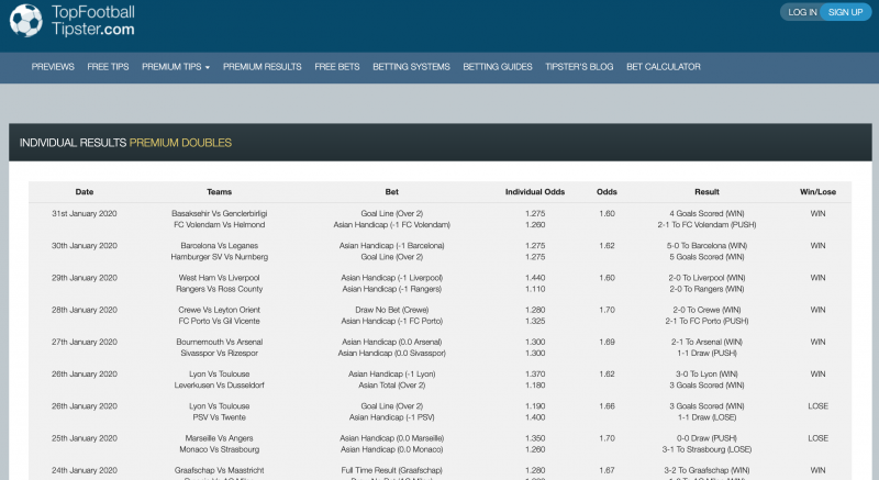 Example of results history showing all criteria needed to calculate ROI and profit/loss for any stake value.